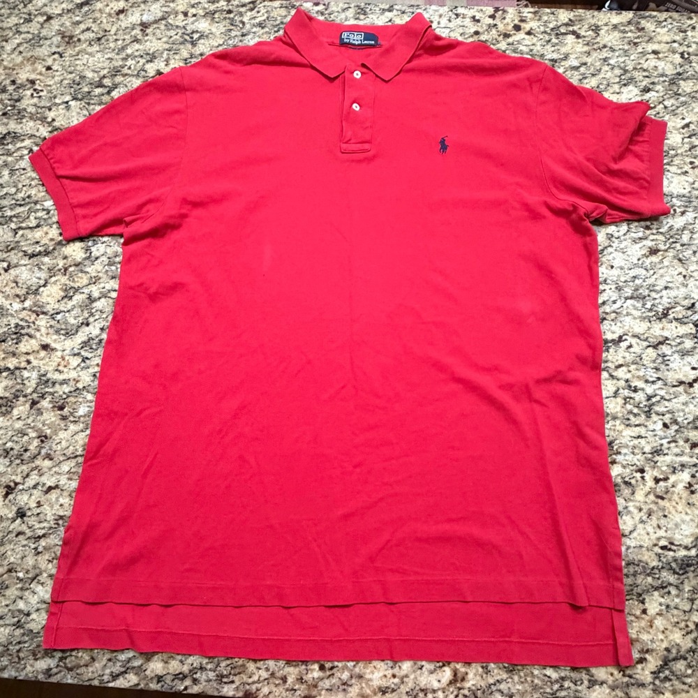 Polo Ralph Lauren Mens Red Cotton Pique Short Sleeve Polo Shirt Navy Pony XL‎